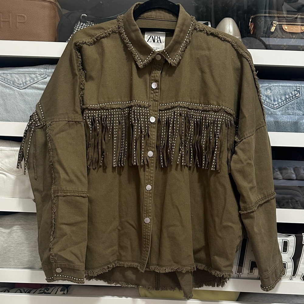 Zara Green Studded Fringe Shacket Overshirt - Picture 2 of 5